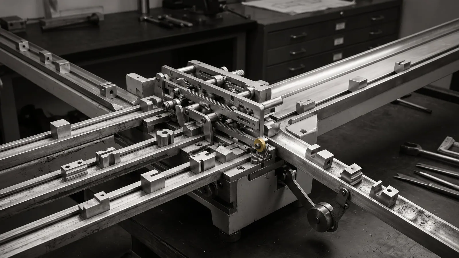 A steel indexing machine on a workshop bench: long guide rails carrying square stops converge on a rack-and-pinion carriage, with one small brass gear at its centre.