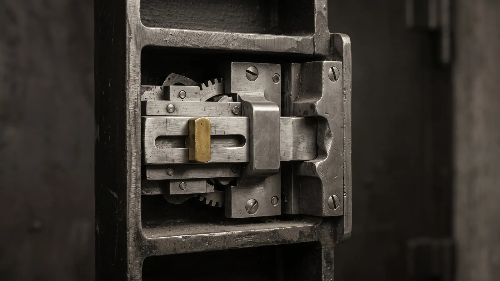 The inside of a heavy steel lock: stacked levers and a machined bolt seated in a cast housing, with a single brass bar riding in the slot.
