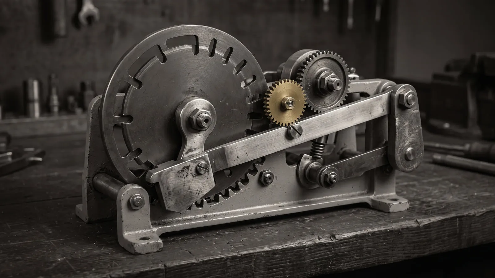 A steel escapement bolted to a bench: a slotted wheel and a pawl riding a curved rack, with one small brass gear meshed into the steel train.