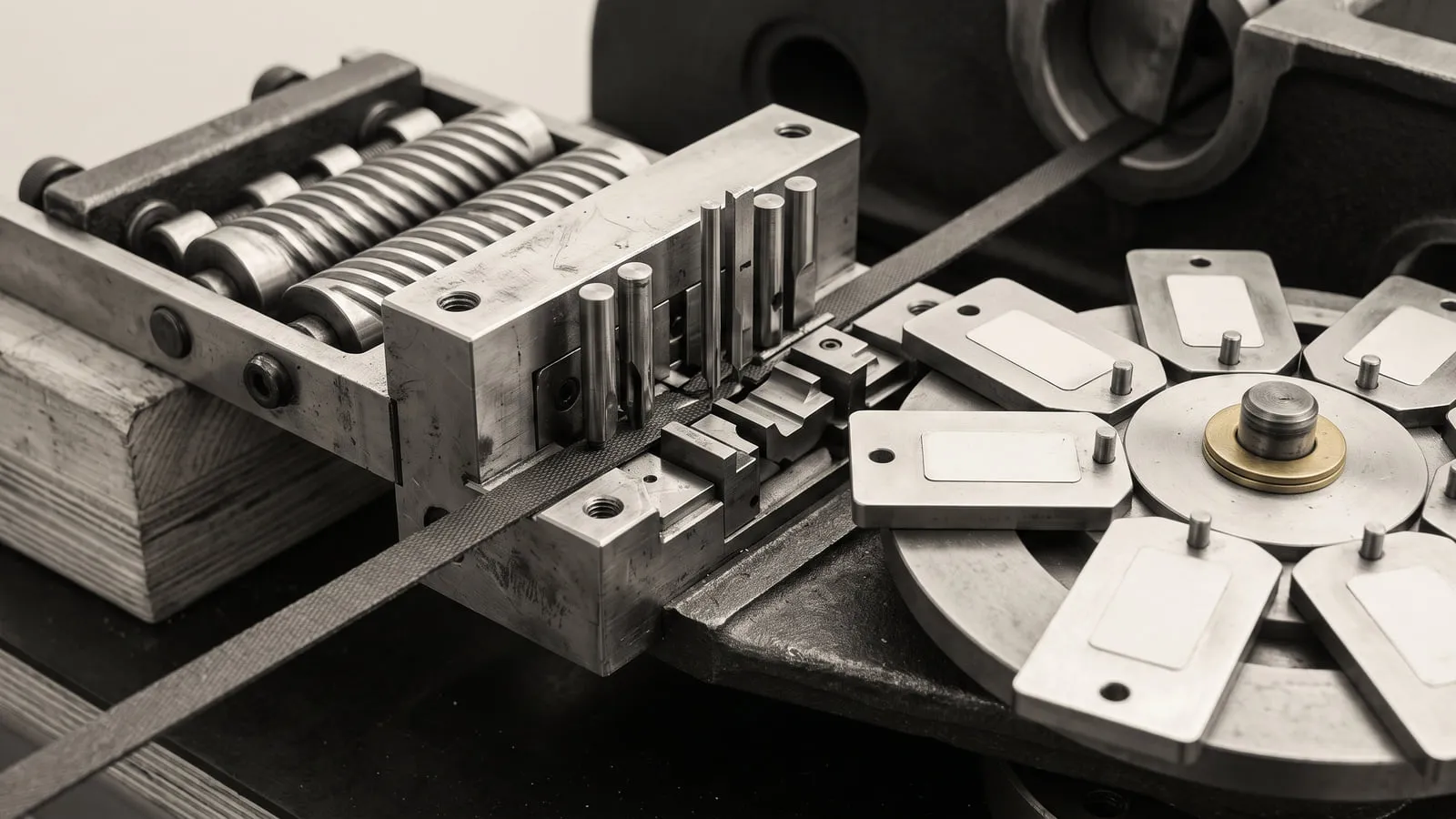A spring-loaded roller feed pushing steel bar stock into a slotted die block, beside a rotary index plate carrying blank fixture plates, with one brass ring at its hub.